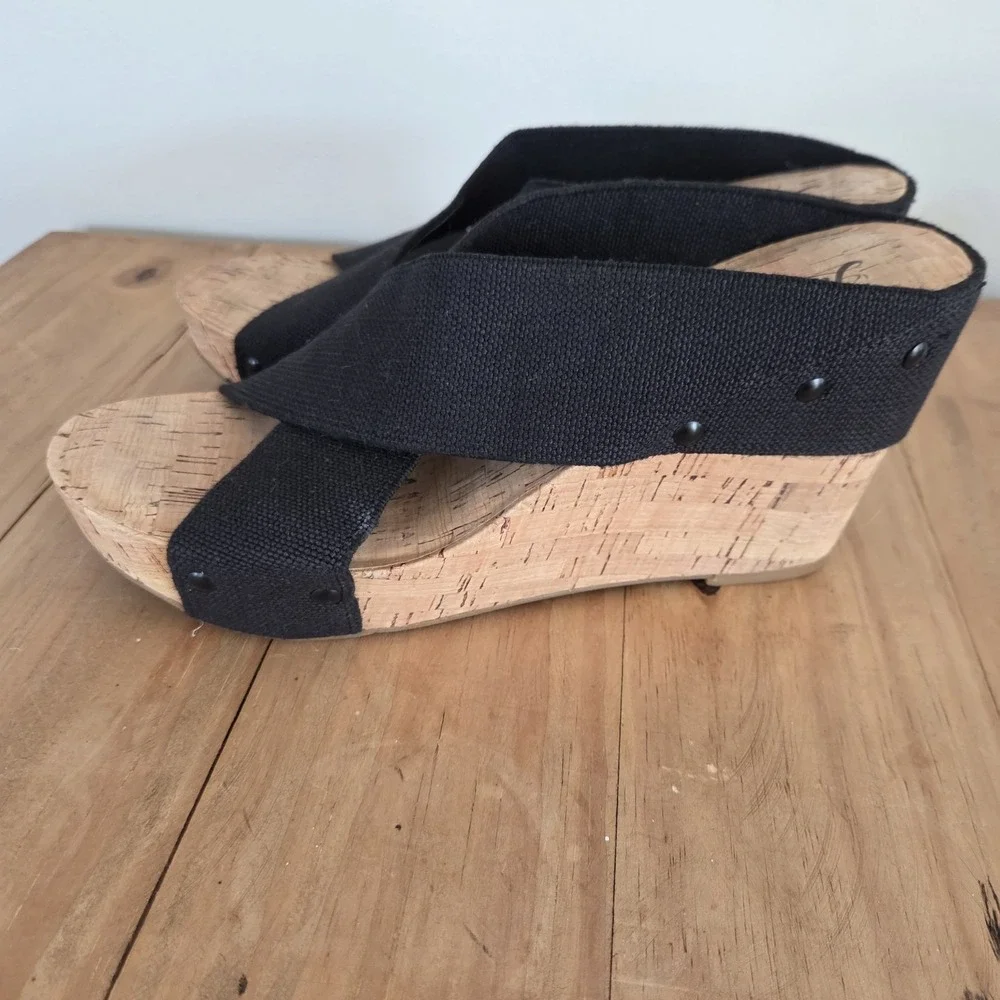 Lucky Brand Valmai Platform Wedge Cork Sandal Black Linen Thick Strap Sz‎ 8.5